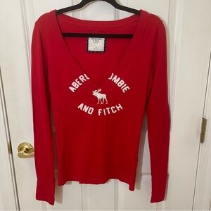 Vintage Y2K Abercrombie & Fitch Red V-Neck Long Sleeve Moose Logo Tee - M